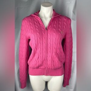 Vintage Y2K Ralph Lauren COTTON Cable Knit Hooded Sweater Jacket Sz L Pink